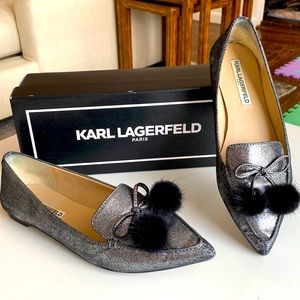 Lagerfeld Dalli metallic silver mink pom pom flats